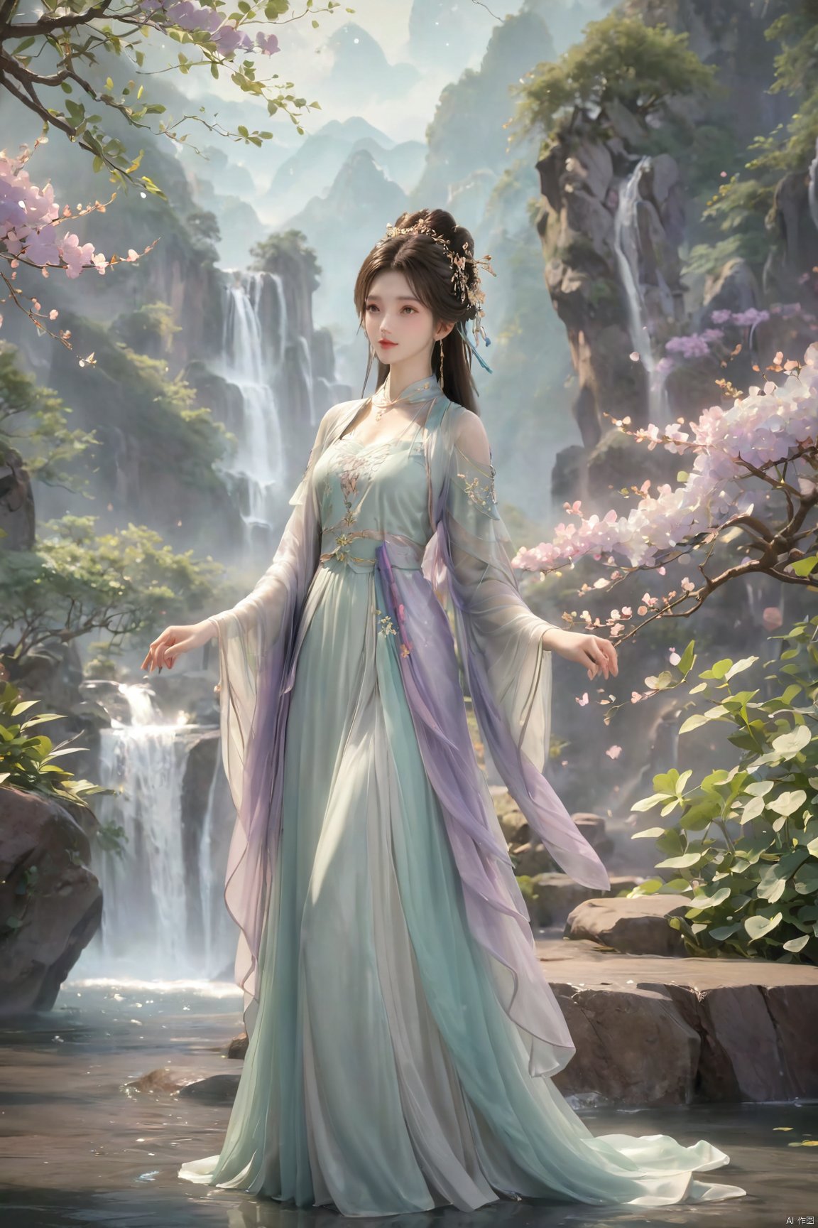 masterpiece,best quality,official art,extremely detailed CG unity 8k wallpaper,1girl, upper body, purple hair, light rays, light particles, waterfall, tree, clover,,(big breasts:1.59),  ,Xfengqinger,Xxiyouqin,Xliushen,X-Hydrangea,XyunxiPVC, song_hanfu, New Chinese_Hanfu, traditional chinese ink painting