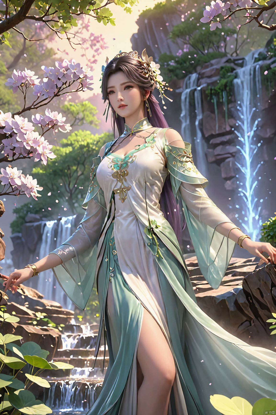 masterpiece,best quality,official art,extremely detailed CG unity 8k wallpaper,1girl, upper body, purple hair, light rays, light particles, waterfall, tree, clover,,(big breasts:1.59),  ,Xfengqinger,Xxiyouqin,Xliushen,X-Hydrangea,XyunxiPVC, song_hanfu, New Chinese_Hanfu