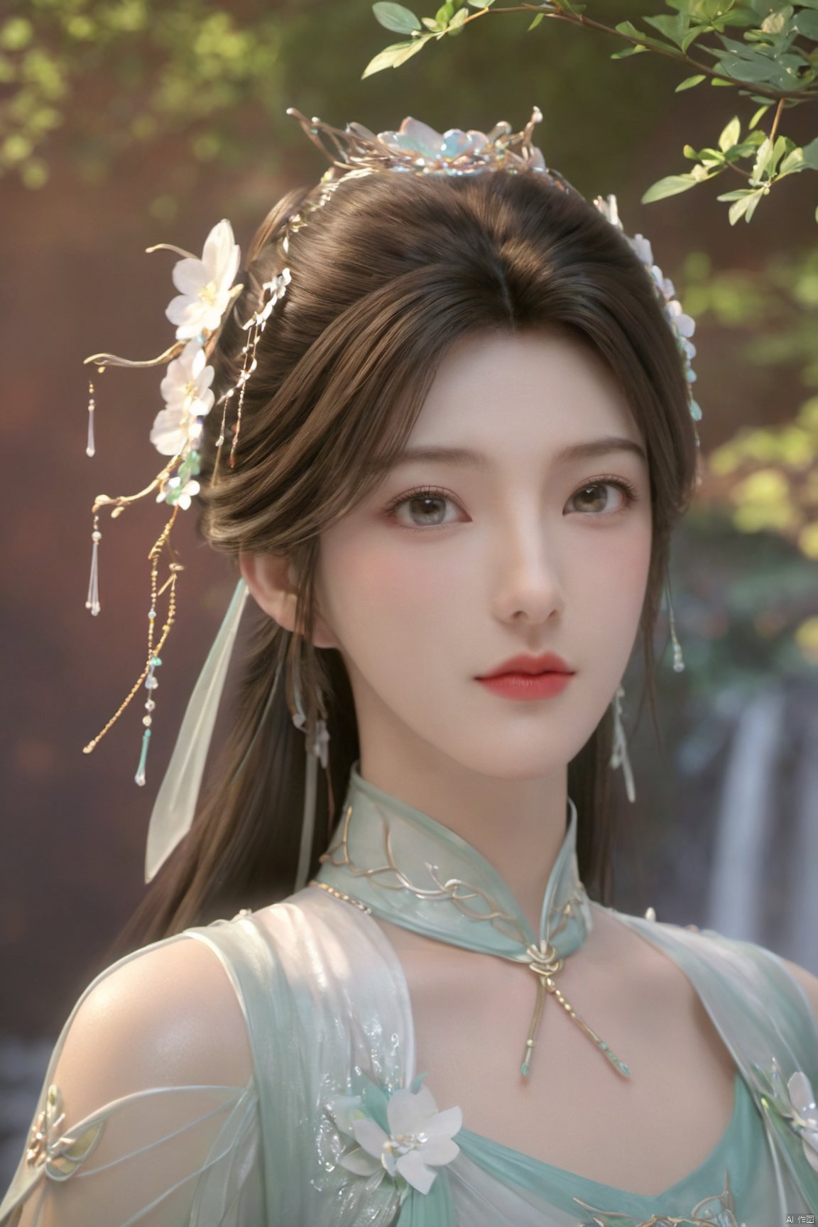 masterpiece,best quality,official art,extremely detailed CG unity 8k wallpaper,1girl, upper body, purple hair, light rays, light particles, waterfall, tree, clover,,(big breasts:1.59),  ,Xfengqinger,Xxiyouqin,Xliushen,X-Hydrangea,XyunxiPVC, song_hanfu, New Chinese_Hanfu, traditional chinese ink painting