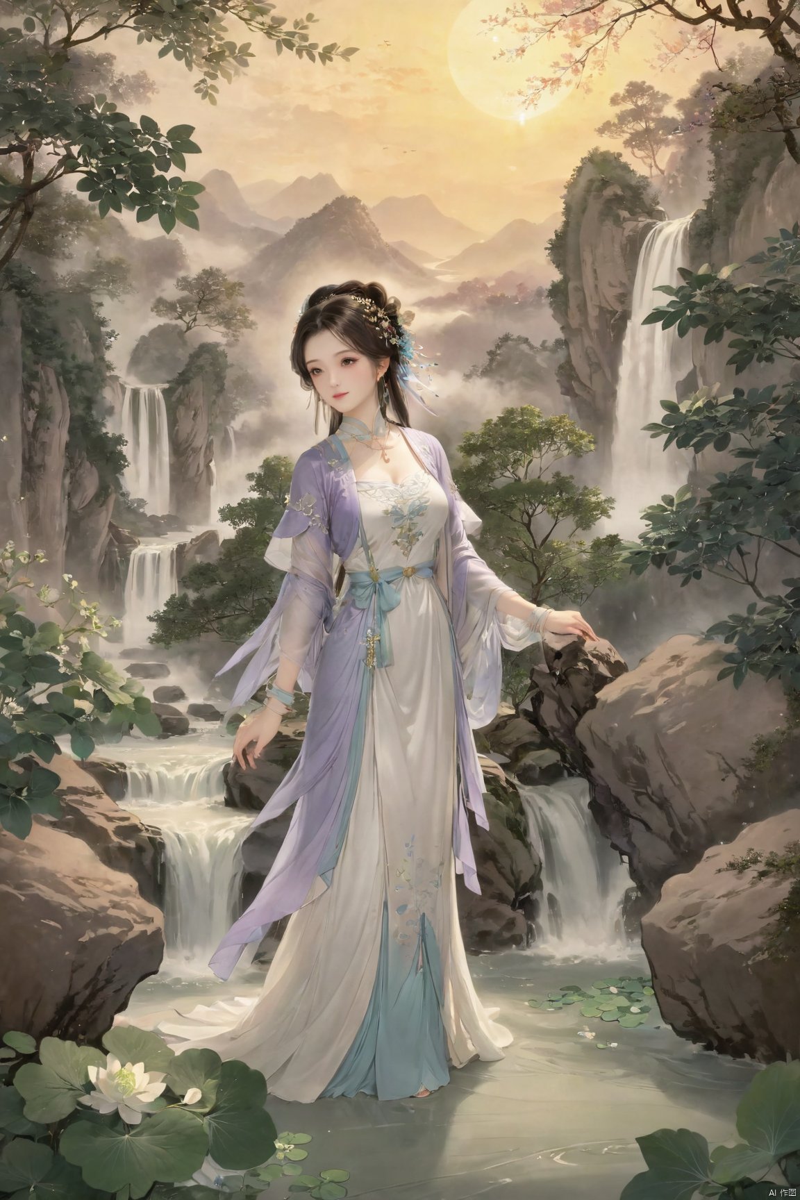 masterpiece,best quality,official art,extremely detailed CG unity 8k wallpaper,1girl, upper body, purple hair, light rays, light particles, waterfall, tree, clover,,(big breasts:1.59),  ,Xfengqinger,Xxiyouqin,Xliushen,X-Hydrangea,XyunxiPVC, song_hanfu, New Chinese_Hanfu, traditional chinese ink painting