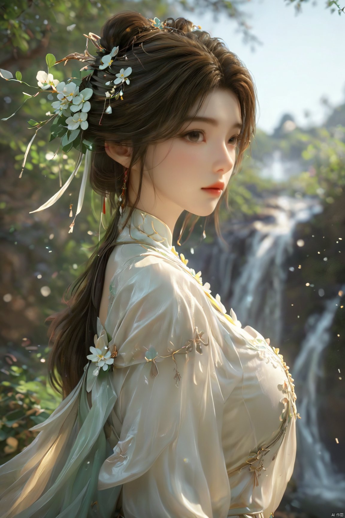 masterpiece,best quality,official art,extremely detailed CG unity 8k wallpaper,1girl, upper body, purple hair, light rays, light particles, waterfall, tree, clover,,(big breasts:1.59),  ,Xfengqinger,Xxiyouqin,Xliushen,X-Hydrangea,XyunxiPVC, song_hanfu, New Chinese_Hanfu