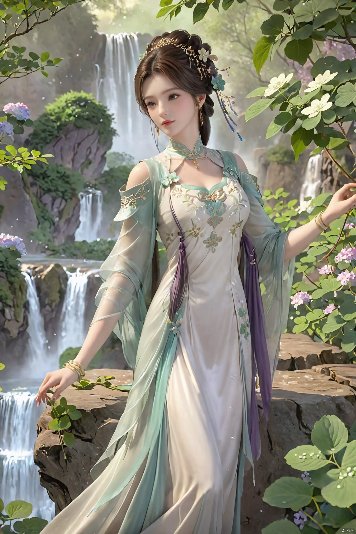 masterpiece,best quality,official art,extremely detailed CG unity 8k wallpaper,1girl, upper body, purple hair, light rays, light particles, waterfall, tree, clover,,(big breasts:1.59),  ,Xfengqinger,Xxiyouqin,Xliushen,X-Hydrangea,XyunxiPVC, song_hanfu, New Chinese_Hanfu, traditional chinese ink painting