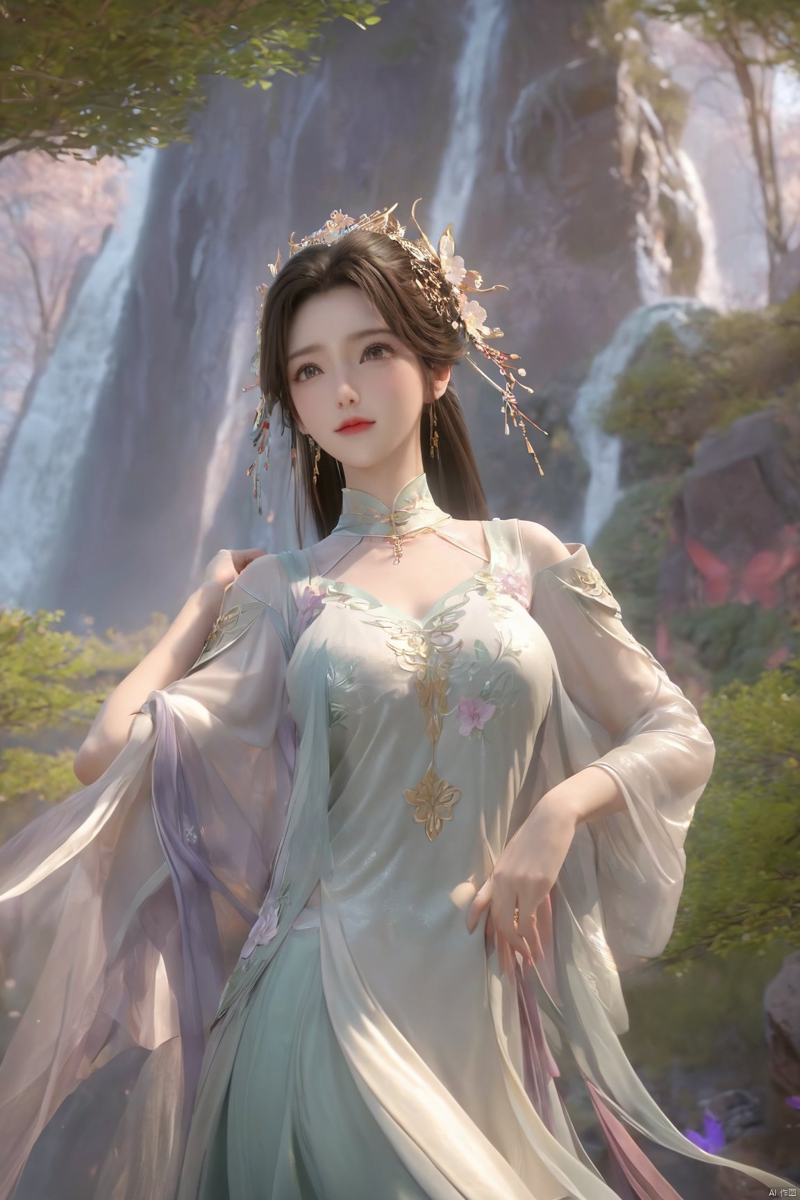 masterpiece,best quality,official art,extremely detailed CG unity 8k wallpaper,1girl, upper body, purple hair, light rays, light particles, waterfall, tree, clover,,(big breasts:1.59),  ,Xfengqinger,Xxiyouqin,Xliushen,X-Hydrangea,XyunxiPVC, song_hanfu, New Chinese_Hanfu, traditional chinese ink painting