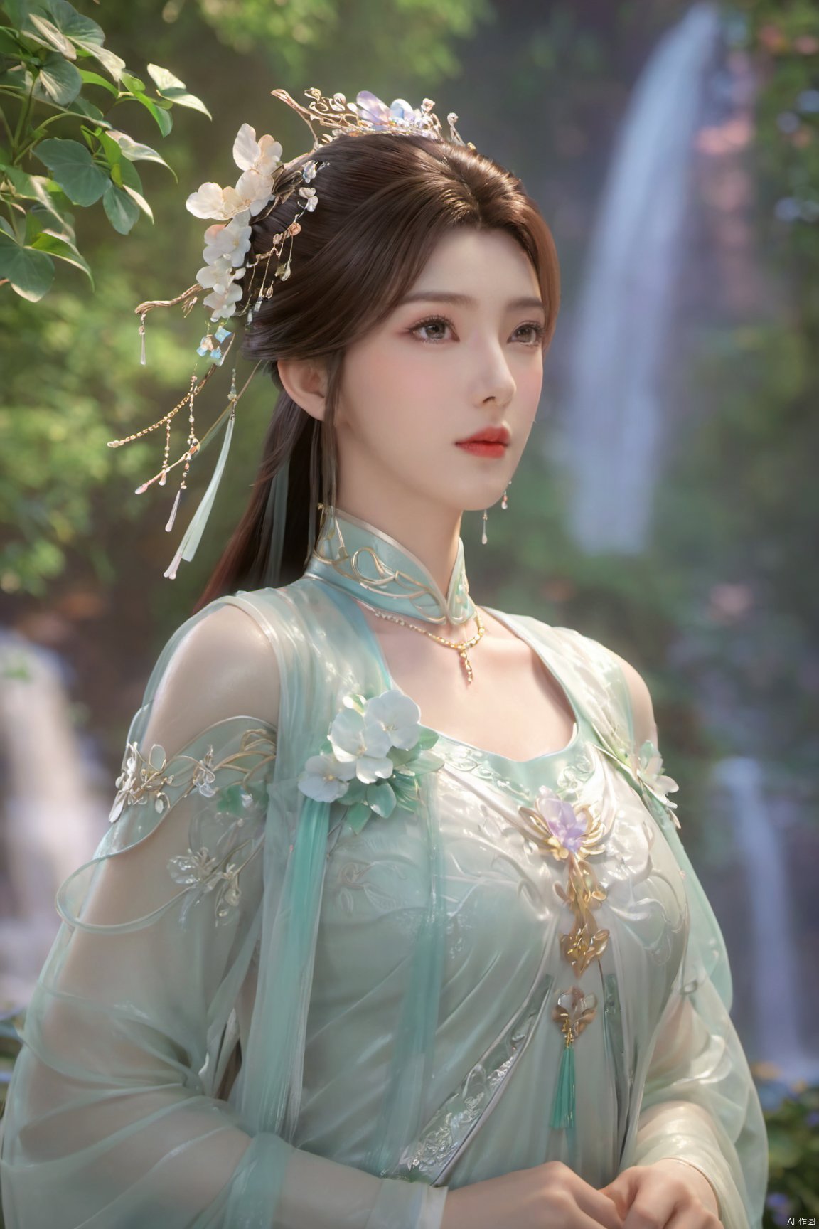 masterpiece,best quality,official art,extremely detailed CG unity 8k wallpaper,1girl, upper body, purple hair, light rays, light particles, waterfall, tree, clover,,(big breasts:1.59),  ,Xfengqinger,Xxiyouqin,Xliushen,X-Hydrangea,XyunxiPVC, song_hanfu, New Chinese_Hanfu