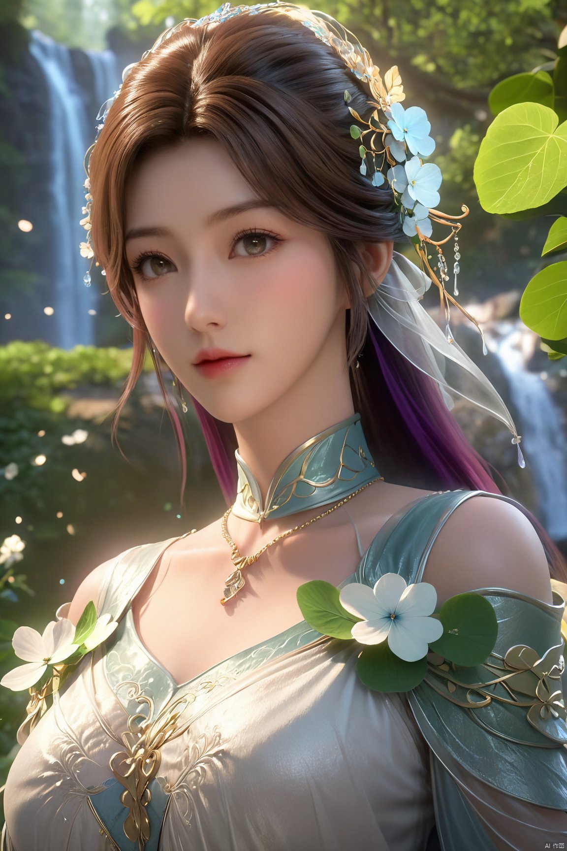 masterpiece,best quality,official art,extremely detailed CG unity 8k wallpaper,1girl, upper body, purple hair, light rays, light particles, waterfall, tree, clover,,(big breasts:1.39),  ,Xfengqinger,Xxiyouqin,Xliushen,X-Hydrangea