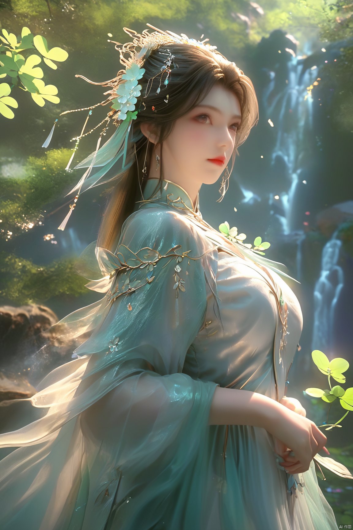 masterpiece,best quality,official art,extremely detailed CG unity 8k wallpaper,1girl, upper body, purple hair, light rays, light particles, waterfall, tree, clover,,(big breasts:1.59),  ,Xfengqinger,Xxiyouqin,Xliushen,X-Hydrangea,XyunxiPVC, song_hanfu, New Chinese_Hanfu