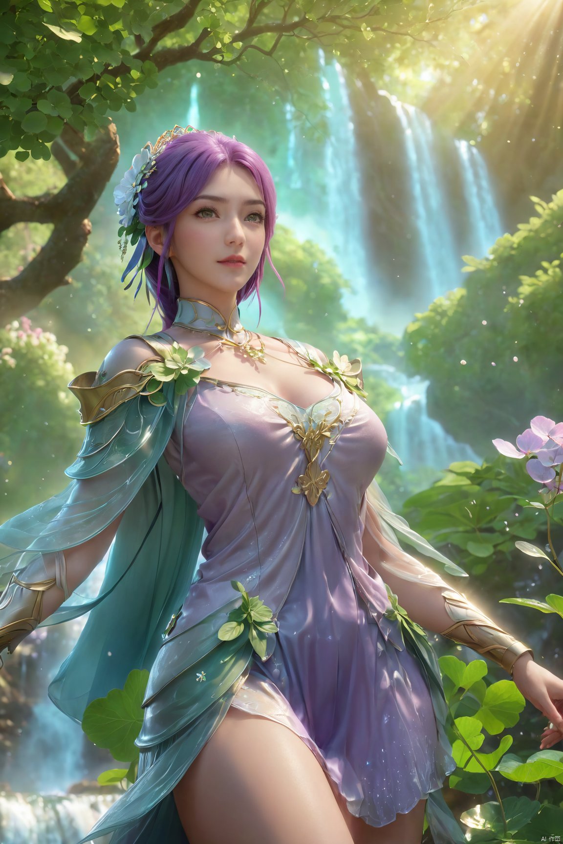 masterpiece,best quality,official art,extremely detailed CG unity 8k wallpaper,1girl, upper body, purple hair, light rays, light particles, waterfall, tree, clover,,(big breasts:1.39),  ,Xfengqinger,Xxiyouqin,Xliushen,X-Hydrangea