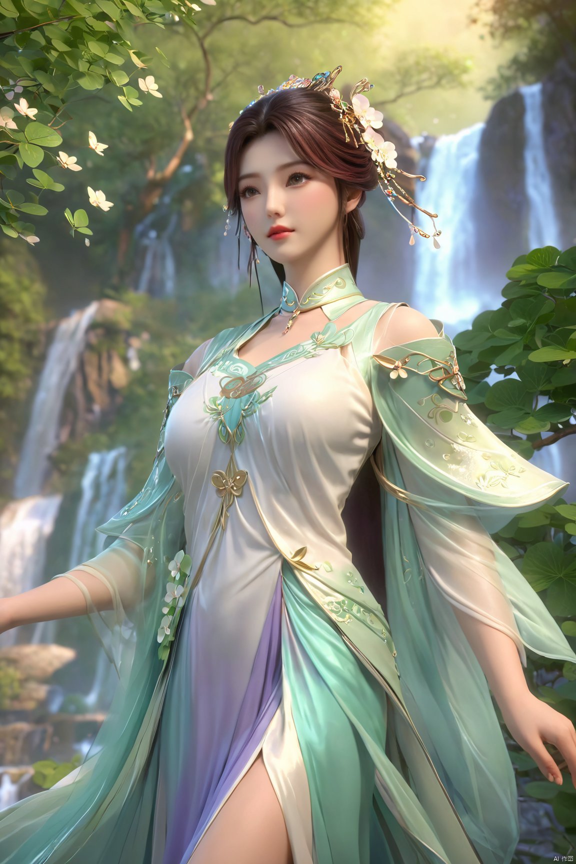 masterpiece,best quality,official art,extremely detailed CG unity 8k wallpaper,1girl, upper body, purple hair, light rays, light particles, waterfall, tree, clover,,(big breasts:1.59),  ,Xfengqinger,Xxiyouqin,Xliushen,X-Hydrangea,XyunxiPVC, song_hanfu, New Chinese_Hanfu