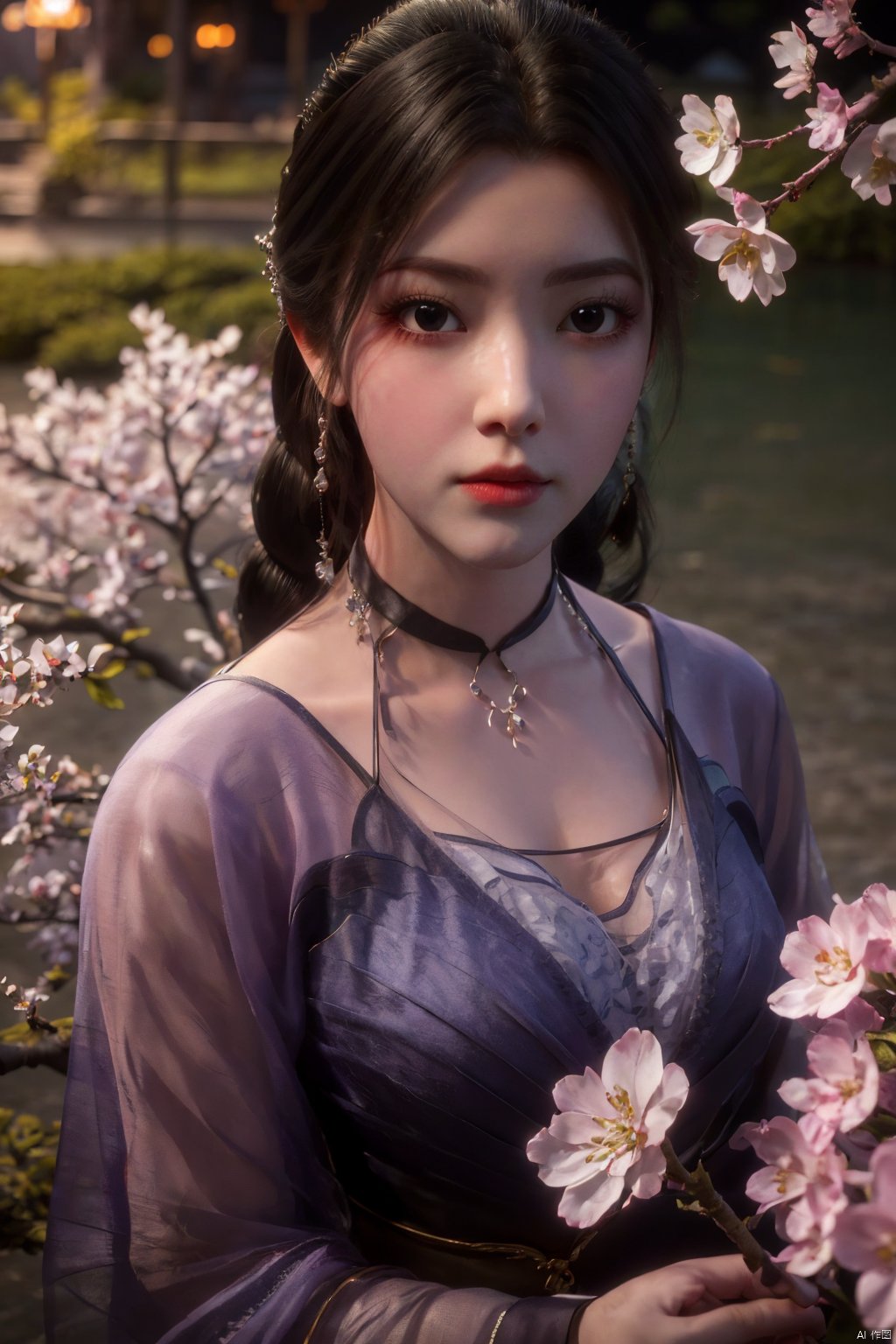  Upper body, panoramic view, exploring cherry blossom branches, fairyland, light blue elements, night, side light shining on the face,Xlujiejie,Xyunxi, Xlongnv, Yunxiao_Fairy,Xtianhu,1girl, ,depth of field