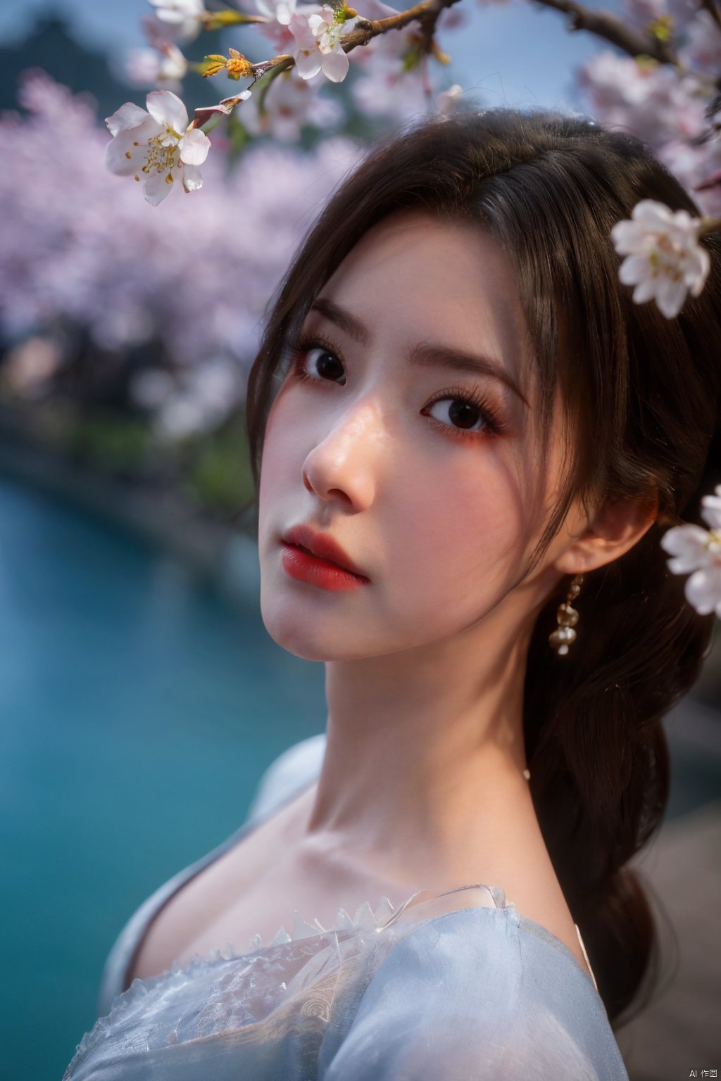  Upper body, panoramic view, exploring cherry blossom branches, fairyland, light blue elements, night, side light shining on the face,Xlujiejie,Xyunxi, Xlongnv, Yunxiao_Fairy,Xtianhu