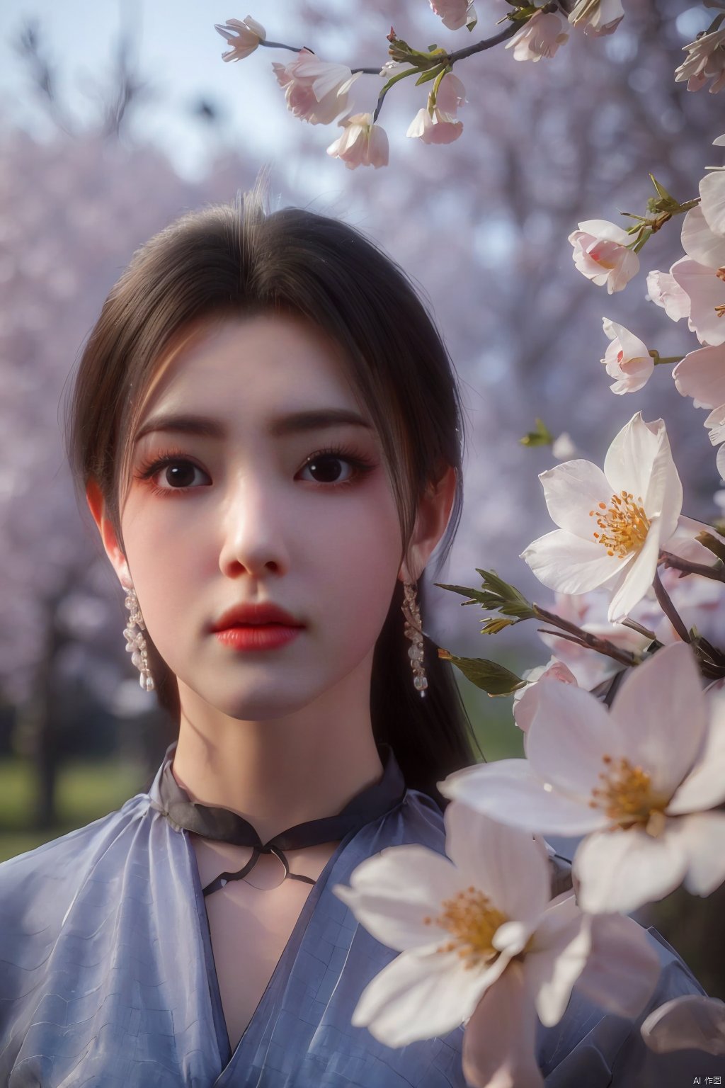  Upper body, panoramic view, exploring cherry blossom branches, fairyland, light blue elements, night, side light shining on the face,Xlujiejie,Xyunxi, Xlongnv, Yunxiao_Fairy,Xtianhu