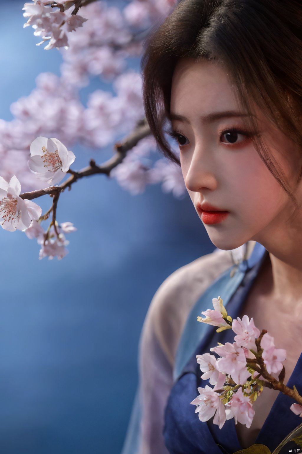  Upper body, panoramic view, exploring cherry blossom branches, fairyland, light blue elements, night, side light shining on the face,Xlujiejie,Xyunxi, Xlongnv, Yunxiao_Fairy,Xtianhu