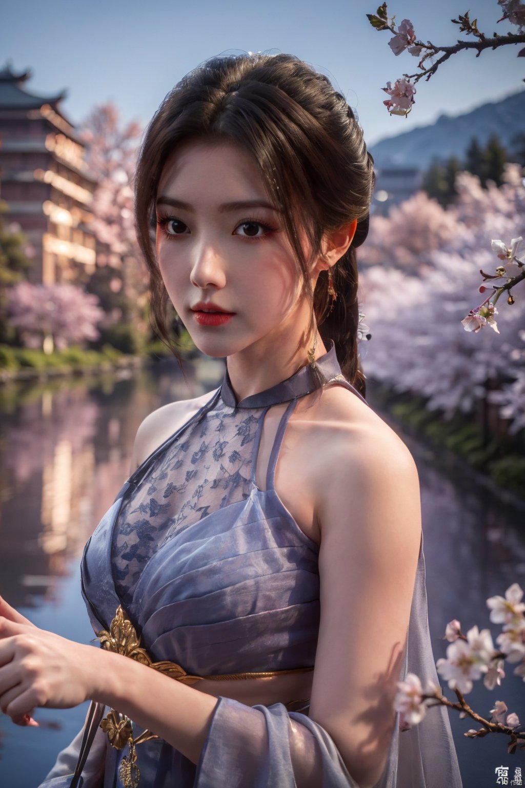  Upper body, panoramic view, exploring cherry blossom branches, fairyland, light blue elements, night, side light shining on the face,Xlujiejie,Xyunxi, Xlongnv, Yunxiao_Fairy,Xtianhu,1girl, 