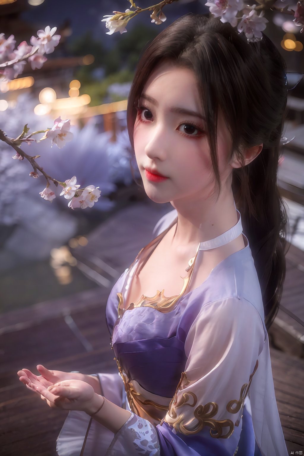  Upper body, panoramic view, exploring cherry blossom branches, fairyland, light blue elements, night, side light shining on the face,Xlujiejie,Xyunxi, Xlongnv, Yunxiao_Fairy,Xtianhu