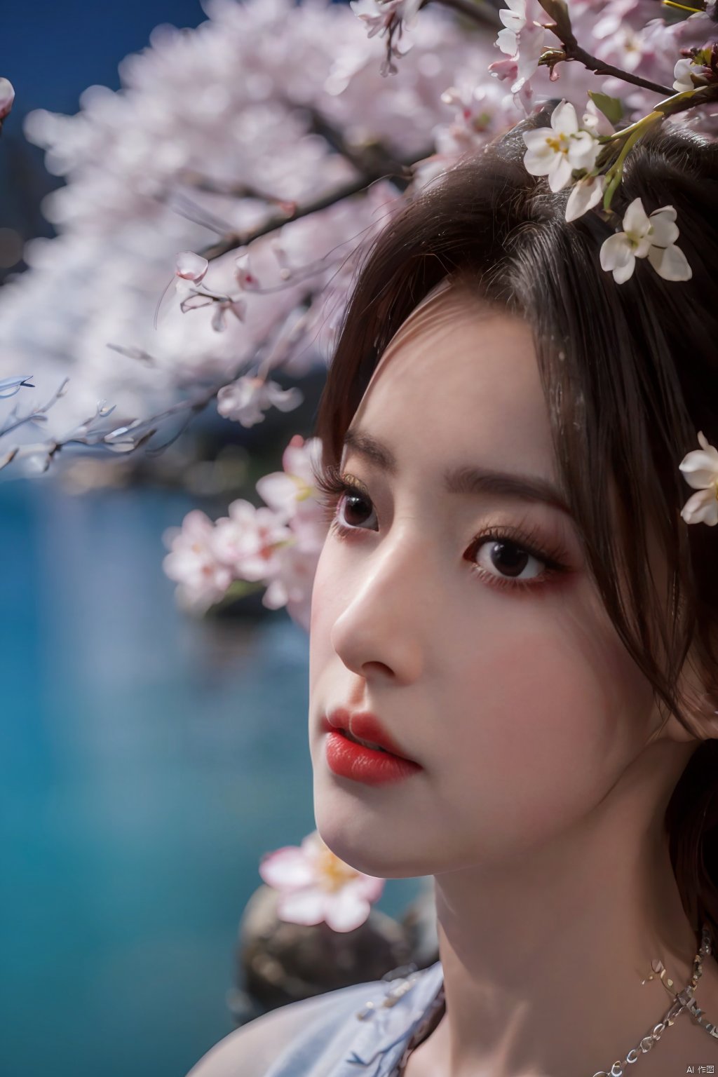  Upper body, panoramic view, exploring cherry blossom branches, fairyland, light blue elements, night, side light shining on the face,Xlujiejie,Xyunxi, Xlongnv, Yunxiao_Fairy,Xtianhu