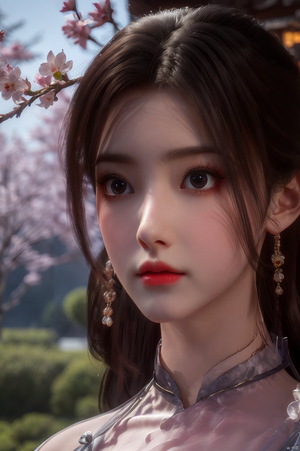  Upper body, panoramic view, exploring cherry blossom branches, fairyland, light blue elements, night, side light shining on the face,Xlujiejie,Xyunxi, Xlongnv, Yunxiao_Fairy,Xtianhu