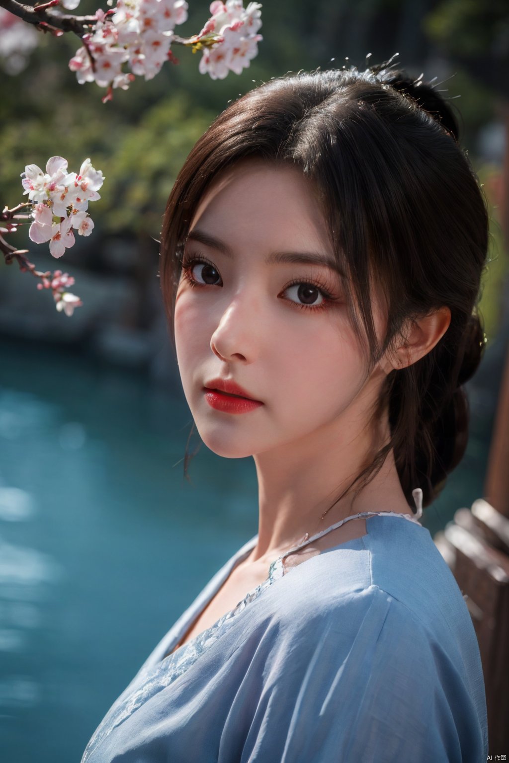  Upper body, panoramic view, exploring cherry blossom branches, fairyland, light blue elements, night, side light shining on the face,Xlujiejie,Xyunxi, Xlongnv, Yunxiao_Fairy,Xtianhu,1girl, ,depth of field