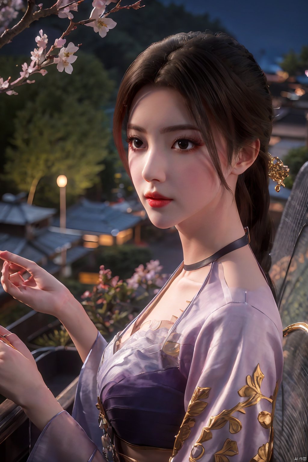  Upper body, panoramic view, exploring cherry blossom branches, fairyland, light blue elements, night, side light shining on the face,Xlujiejie,Xyunxi, Xlongnv, Yunxiao_Fairy,Xtianhu