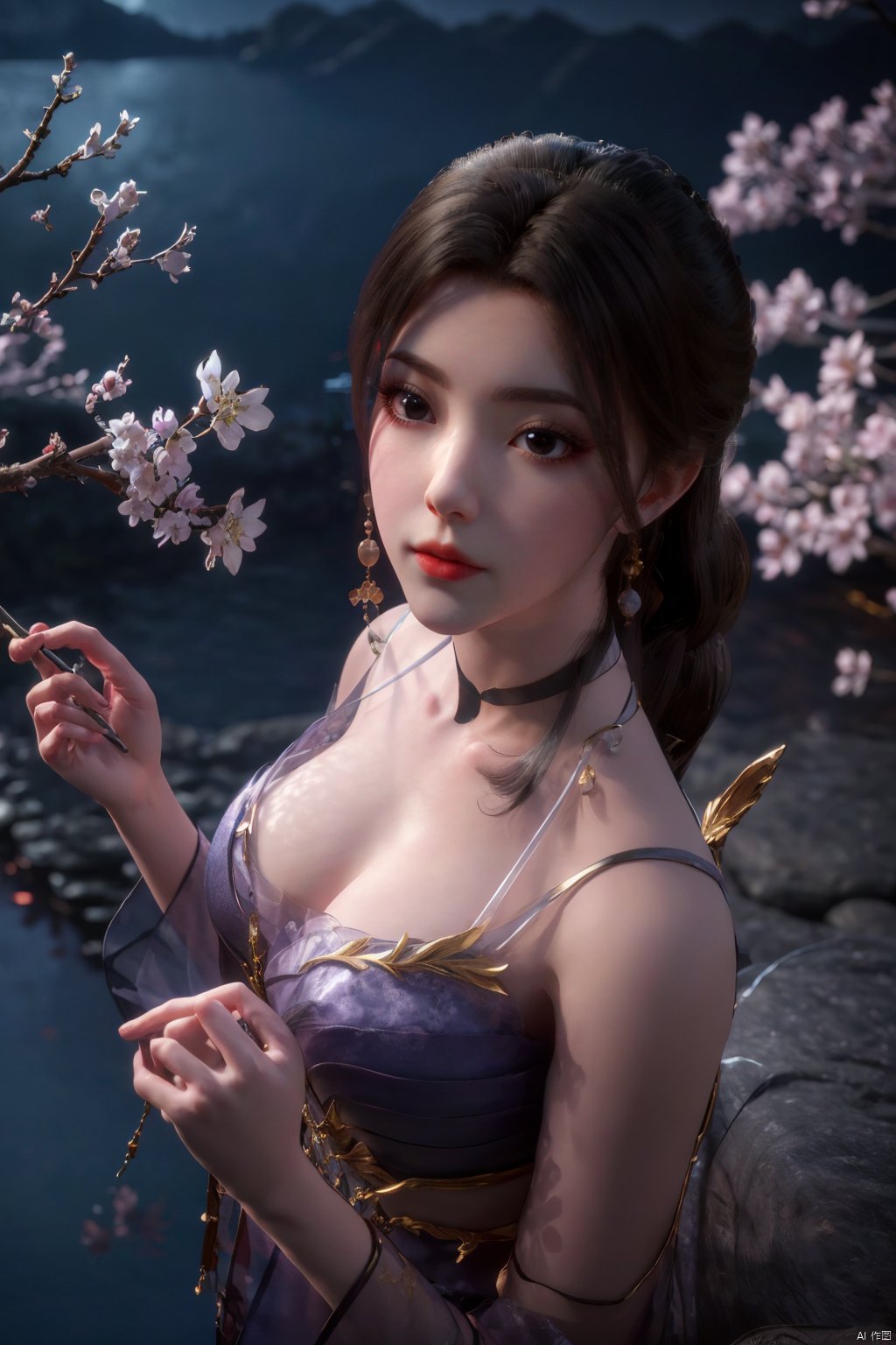  Upper body, panoramic view, exploring cherry blossom branches, fairyland, light blue elements, night, side light shining on the face,Xlujiejie,Xyunxi, Xlongnv, Yunxiao_Fairy,Xtianhu