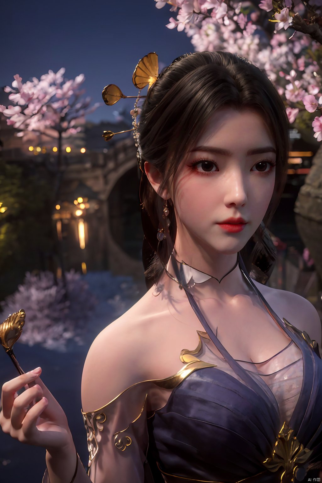  Upper body, panoramic view, exploring cherry blossom branches, fairyland, light blue elements, night, side light shining on the face,Xlujiejie,Xyunxi, Xlongnv, Yunxiao_Fairy,Xtianhu