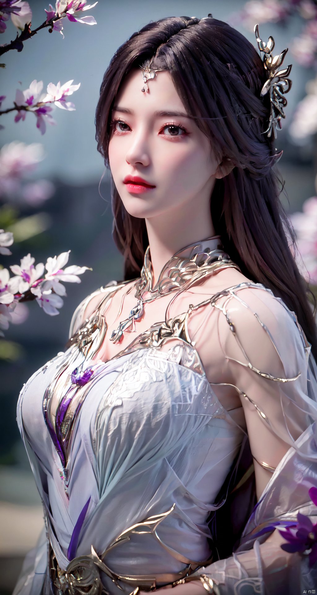 masterpiece, best quality,1girl, hair ornament, solo, long hair, full_body, realistic, flower,upper body, blurry, closed mouth, lips,xyunxi,Xyunxi, Xlongnv,Xxiyouqin,Xliushen,Xhuolinger,Xyupopo