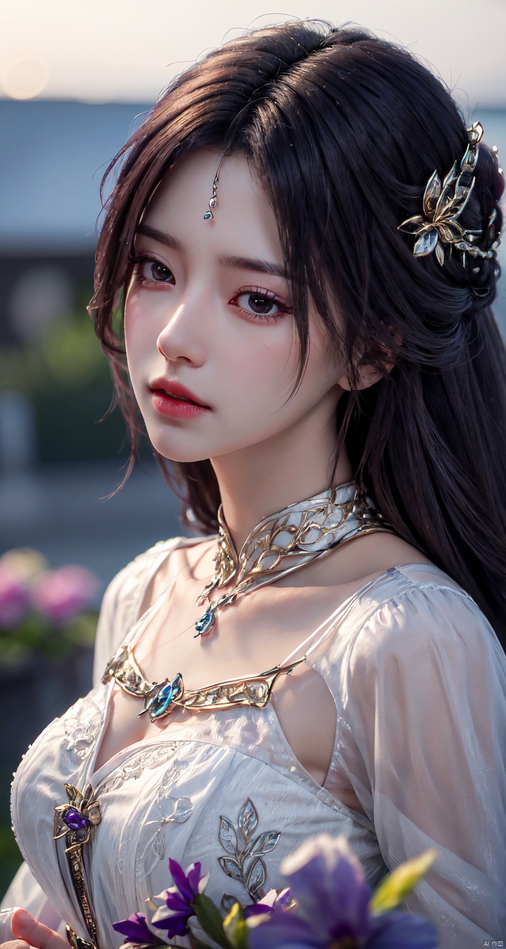 masterpiece, best quality,1girl, hair ornament, solo, long hair, blurry background, realistic, flower,upper body, blurry, closed mouth, lips,xyunxi,Xyunxi