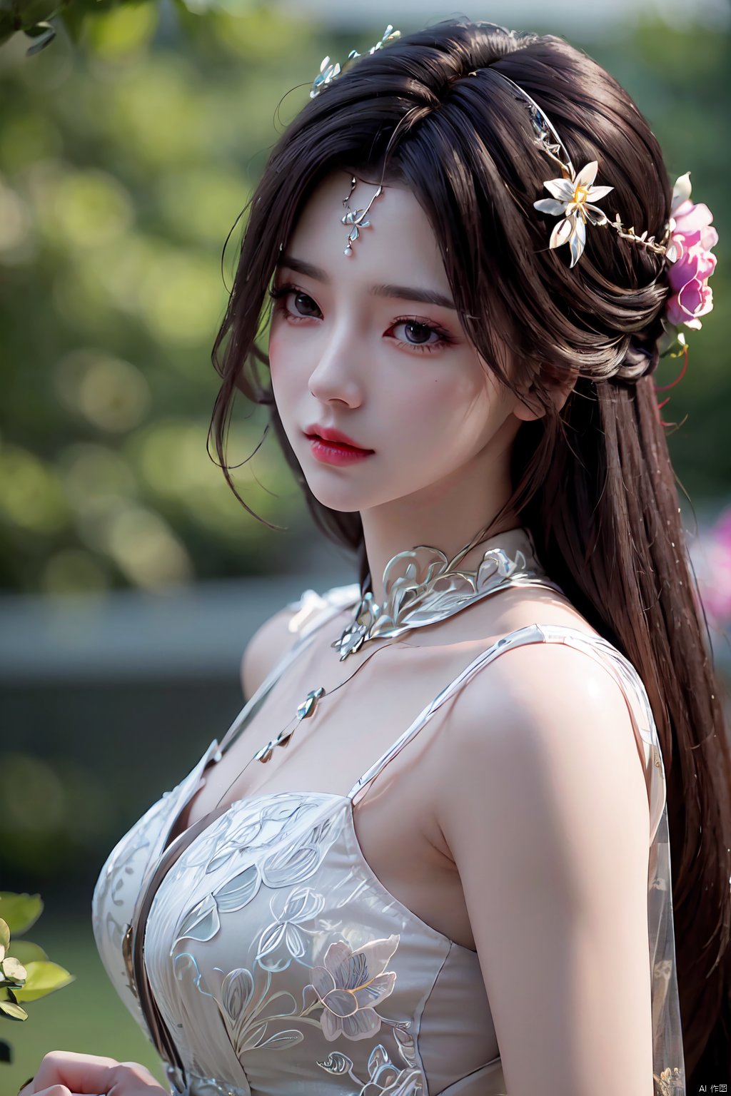 masterpiece, best quality,1girl, hair ornament, solo, long hair, blurry background, realistic, flower,upper body, blurry, closed mouth, lips,xyunxi,Xyunxi