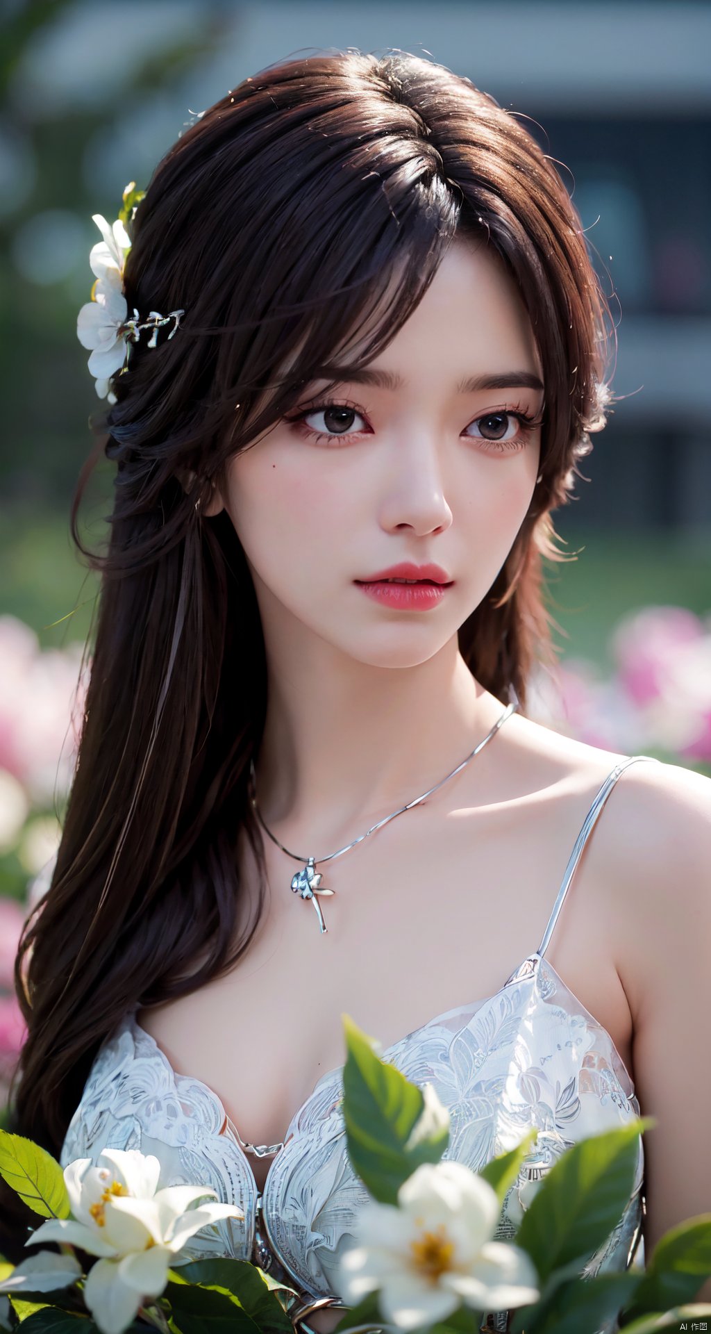 masterpiece, best quality,1girl, hair ornament, solo, long hair, blurry background, realistic, flower,upper body, blurry, closed mouth, lips,xyunxi,Xyunxi