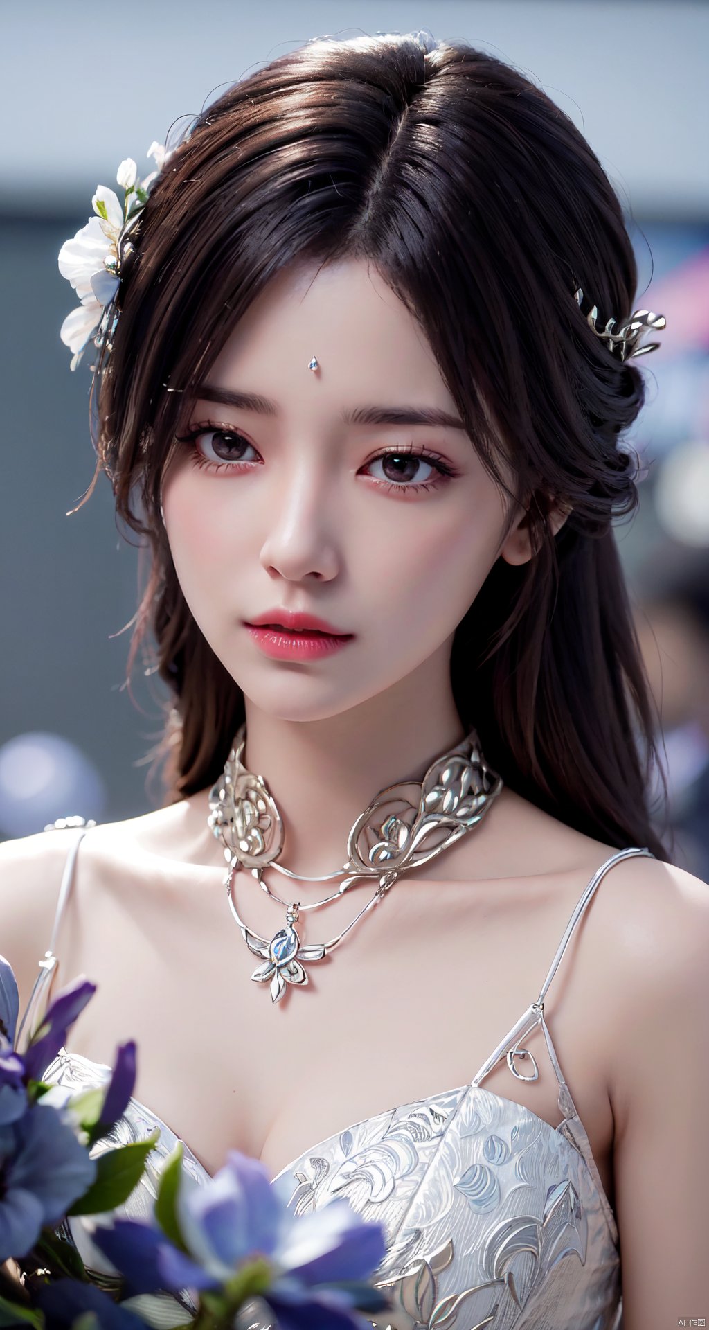 masterpiece, best quality,1girl, hair ornament, solo, long hair, blurry background, realistic, flower,upper body, blurry, closed mouth, lips,xyunxi,Xyunxi