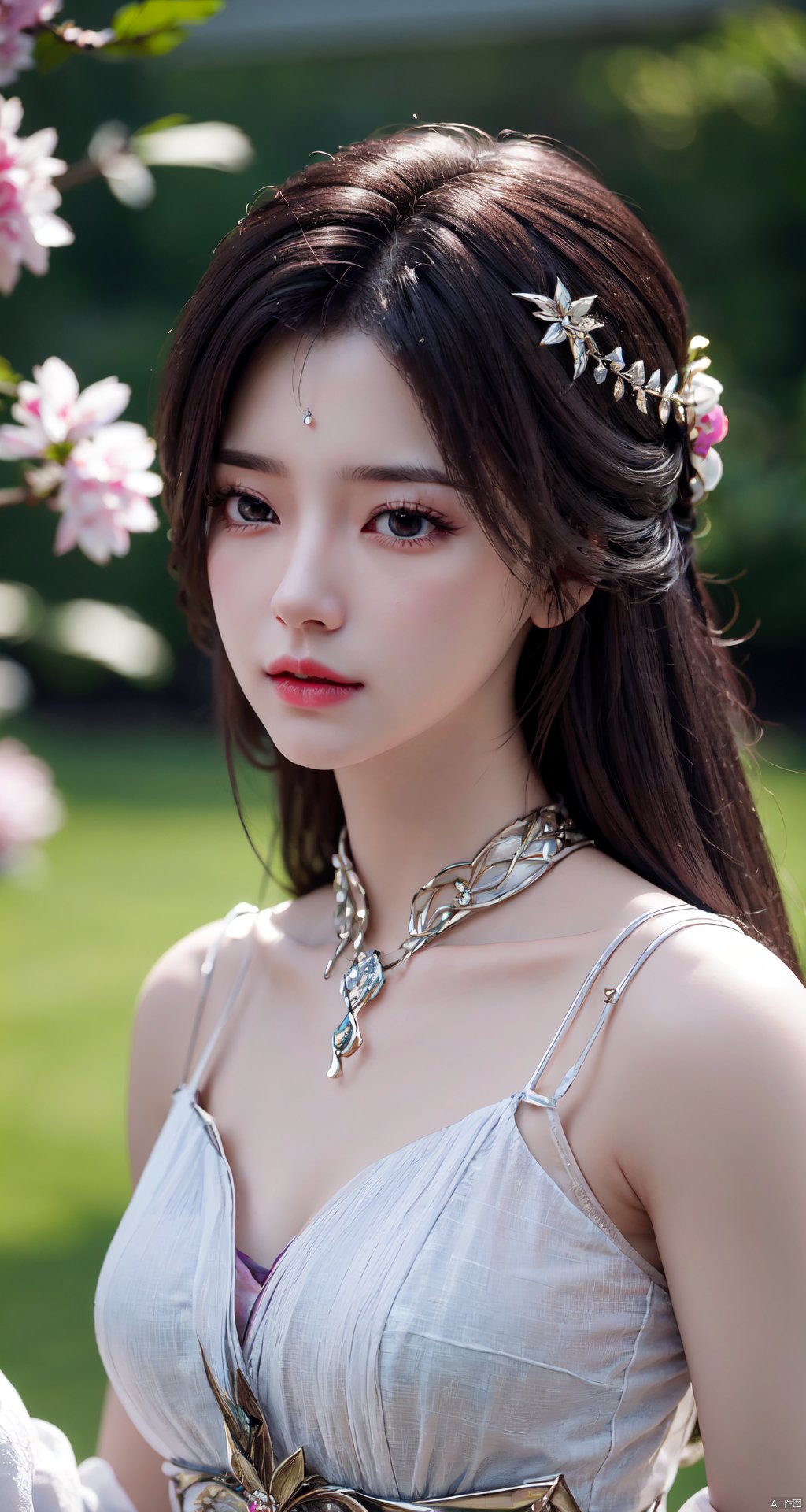 masterpiece, best quality,1girl, hair ornament, solo, long hair, blurry background, realistic, flower,upper body, blurry, closed mouth, lips,xyunxi,Xyunxi