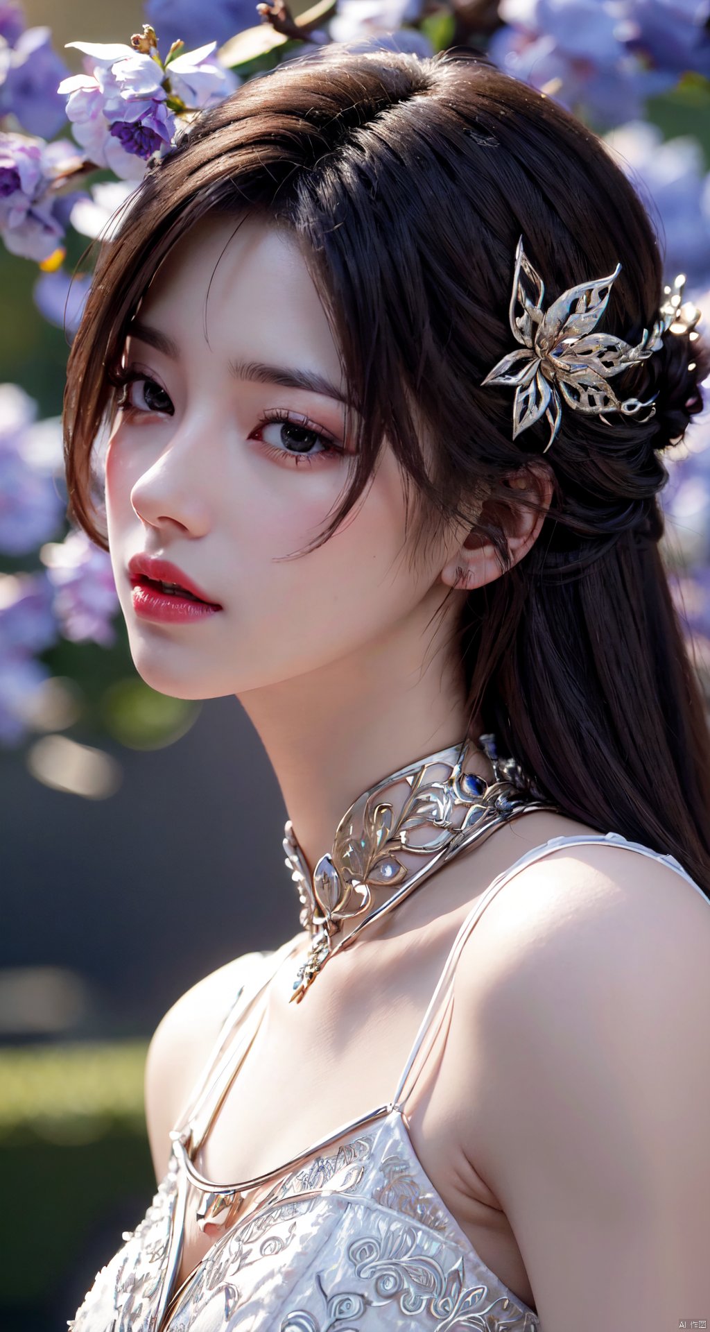 masterpiece, best quality,1girl, hair ornament, solo, long hair, blurry background, realistic, flower,upper body, blurry, closed mouth, lips,xyunxi,Xyunxi