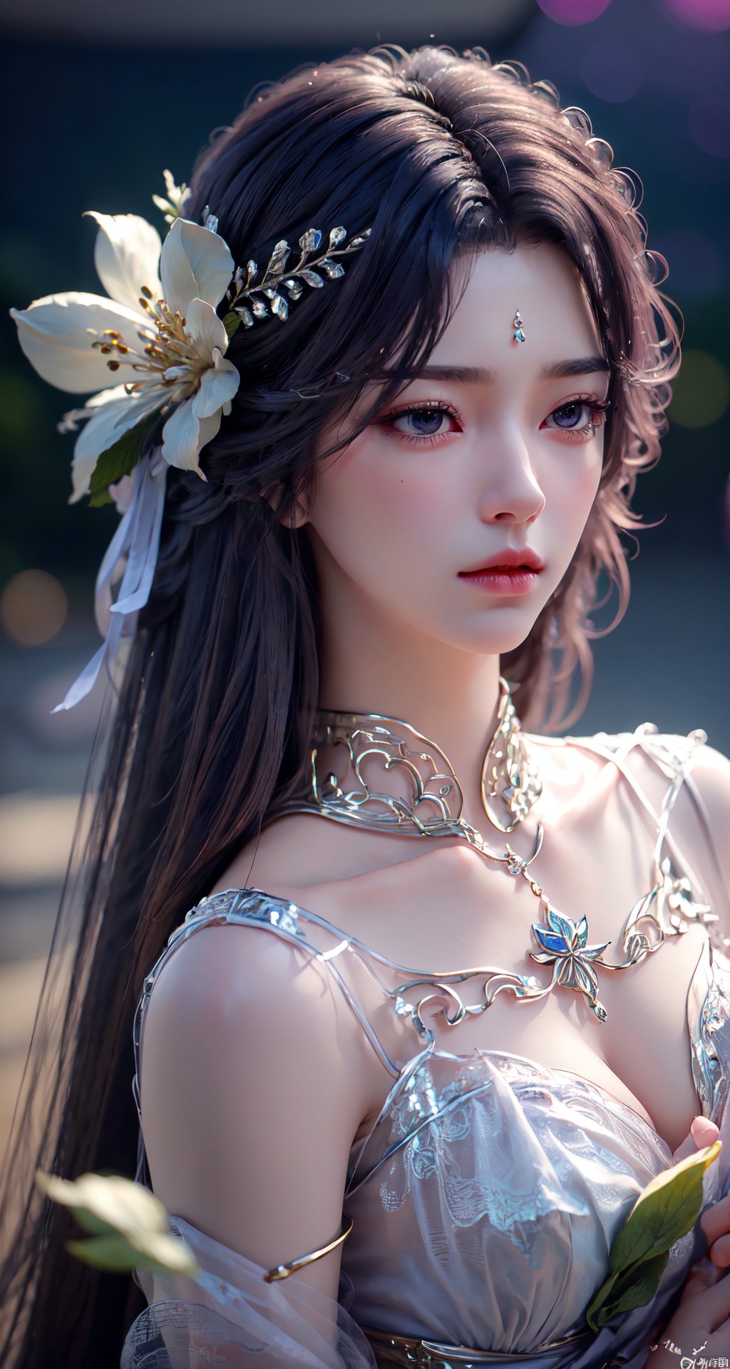 masterpiece, best quality,1girl, hair ornament, solo, long hair, blurry background, realistic, flower,upper body, blurry, closed mouth, lips,xyunxi,Xyunxi