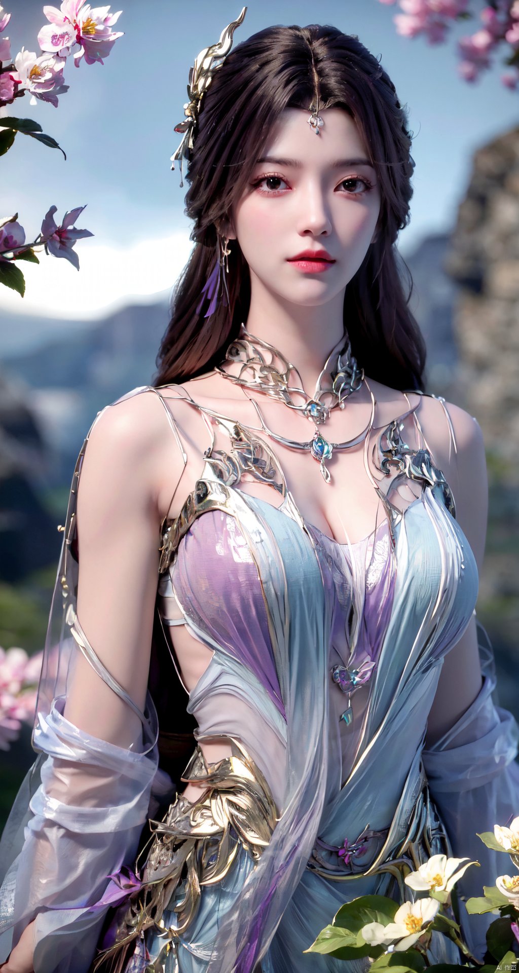 masterpiece, best quality,1girl, hair ornament, solo, long hair, full_body, realistic, flower,upper body, blurry, closed mouth, lips,xyunxi,Xyunxi, Xlongnv,Xxiyouqin,Xliushen,Xhuolinger,Xyupopo