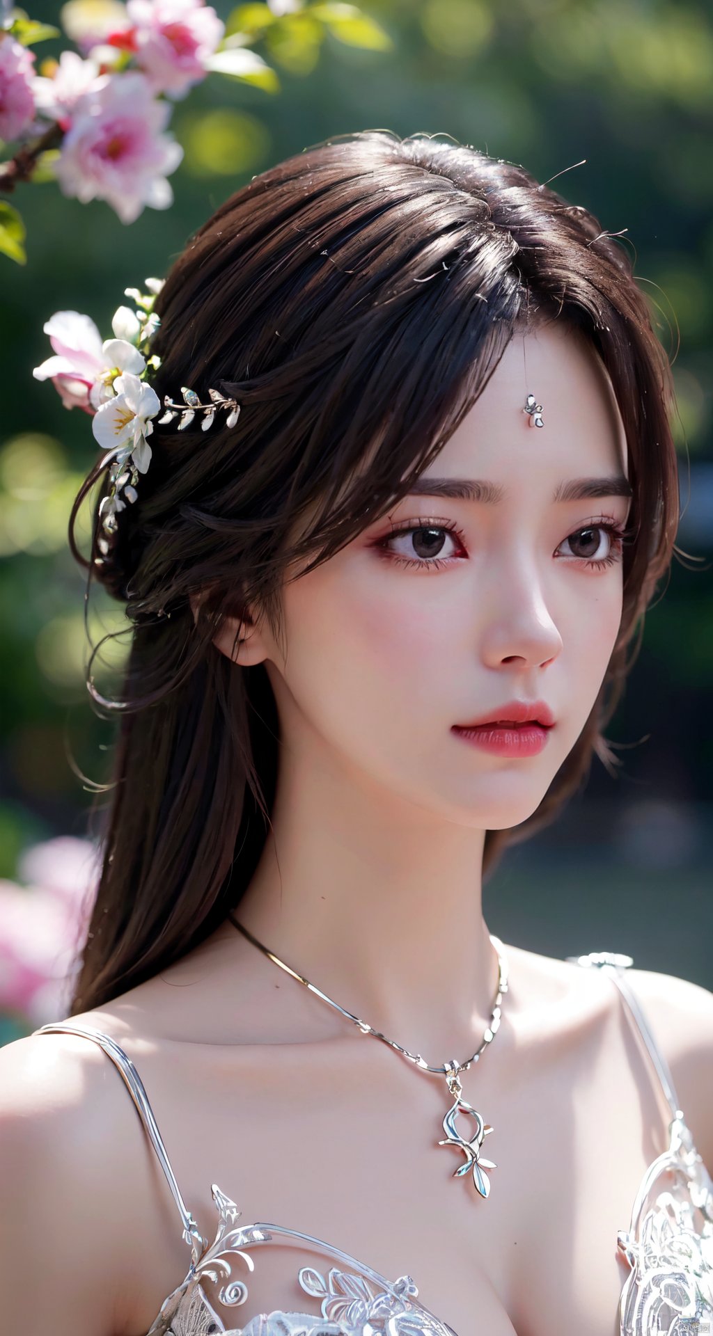 masterpiece, best quality,1girl, hair ornament, solo, long hair, blurry background, realistic, flower,upper body, blurry, closed mouth, lips,xyunxi,Xyunxi