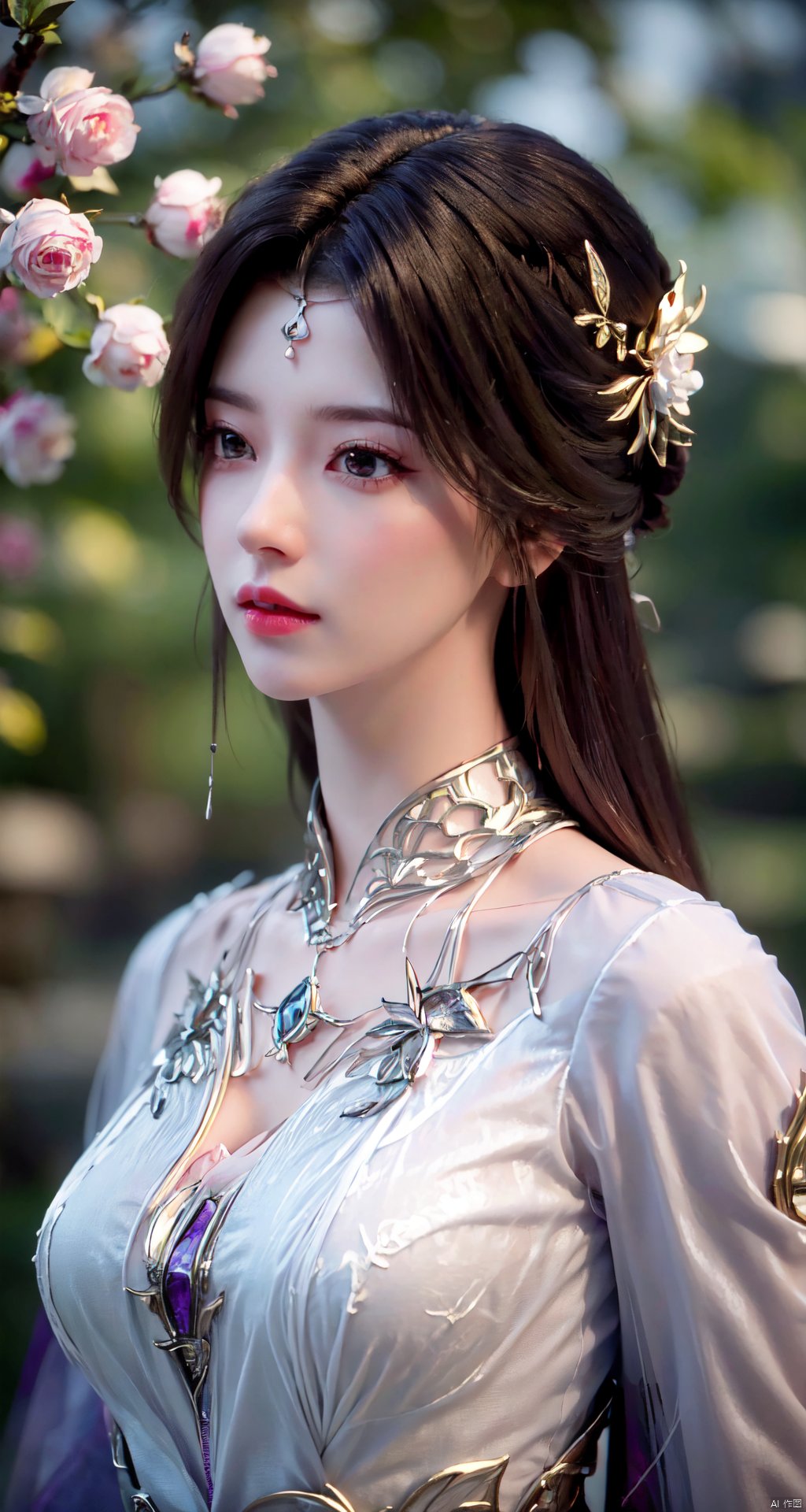 masterpiece, best quality,1girl, hair ornament, solo, long hair, full_body, realistic, flower,upper body, blurry, closed mouth, lips,xyunxi,Xyunxi, Xlongnv,Xxiyouqin,Xliushen,Xhuolinger,Xyupopo