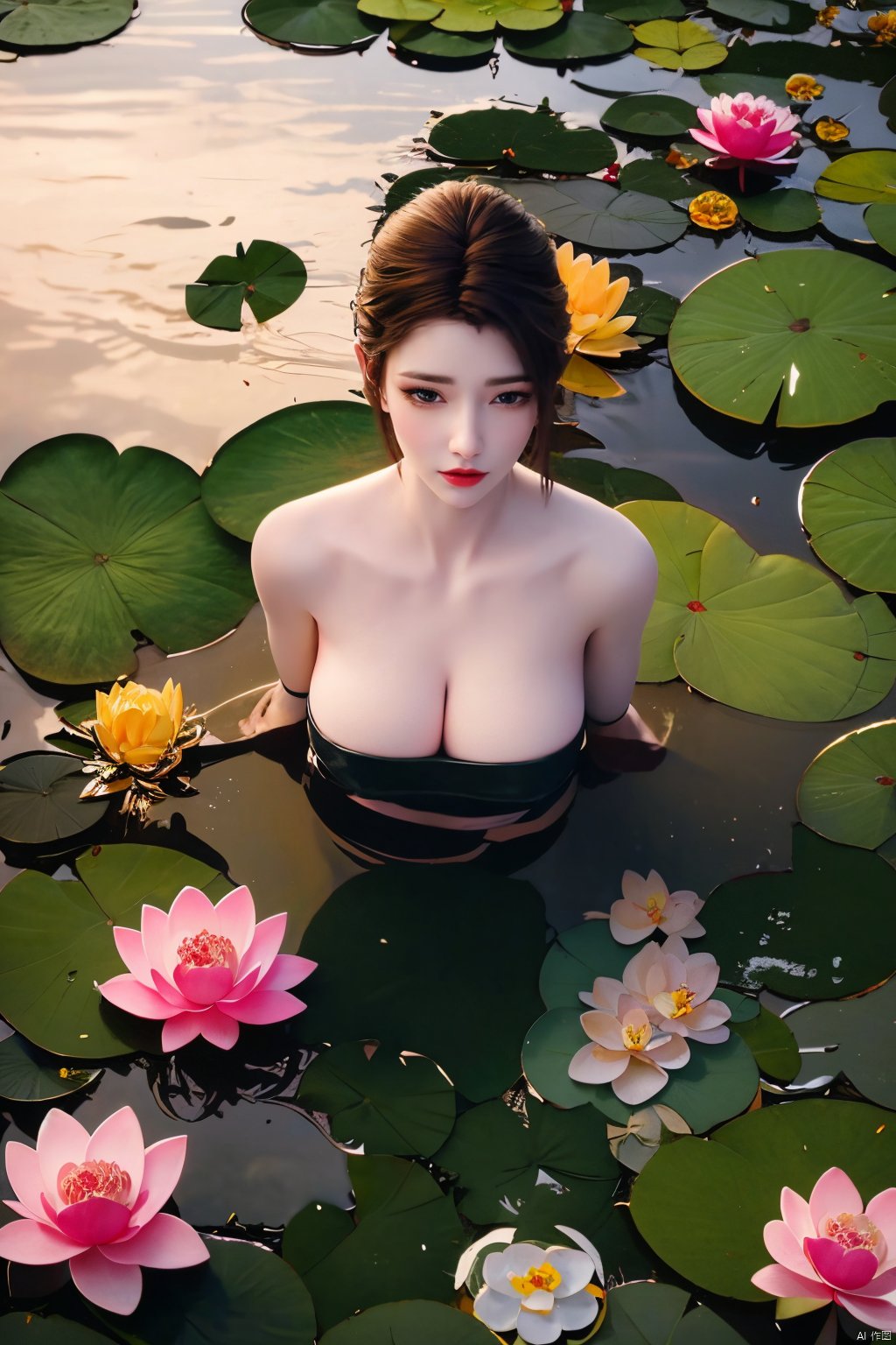 masterpiece,1girl, (lotus pond full of lotus flowers:1.59), (big breasts:1.5),(Flowers:1.69),Xdie