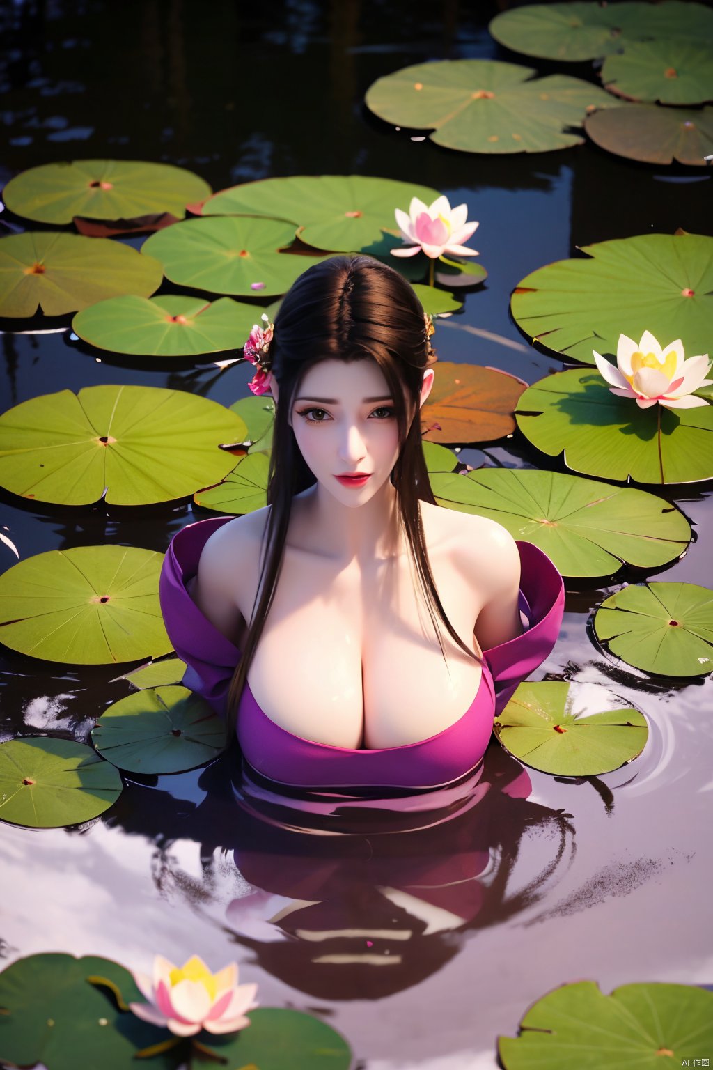 masterpiece,1girl, (lotus pond full of lotus flowers:1.59), (big breasts:1.59),(Flowers:1.69),Xdie