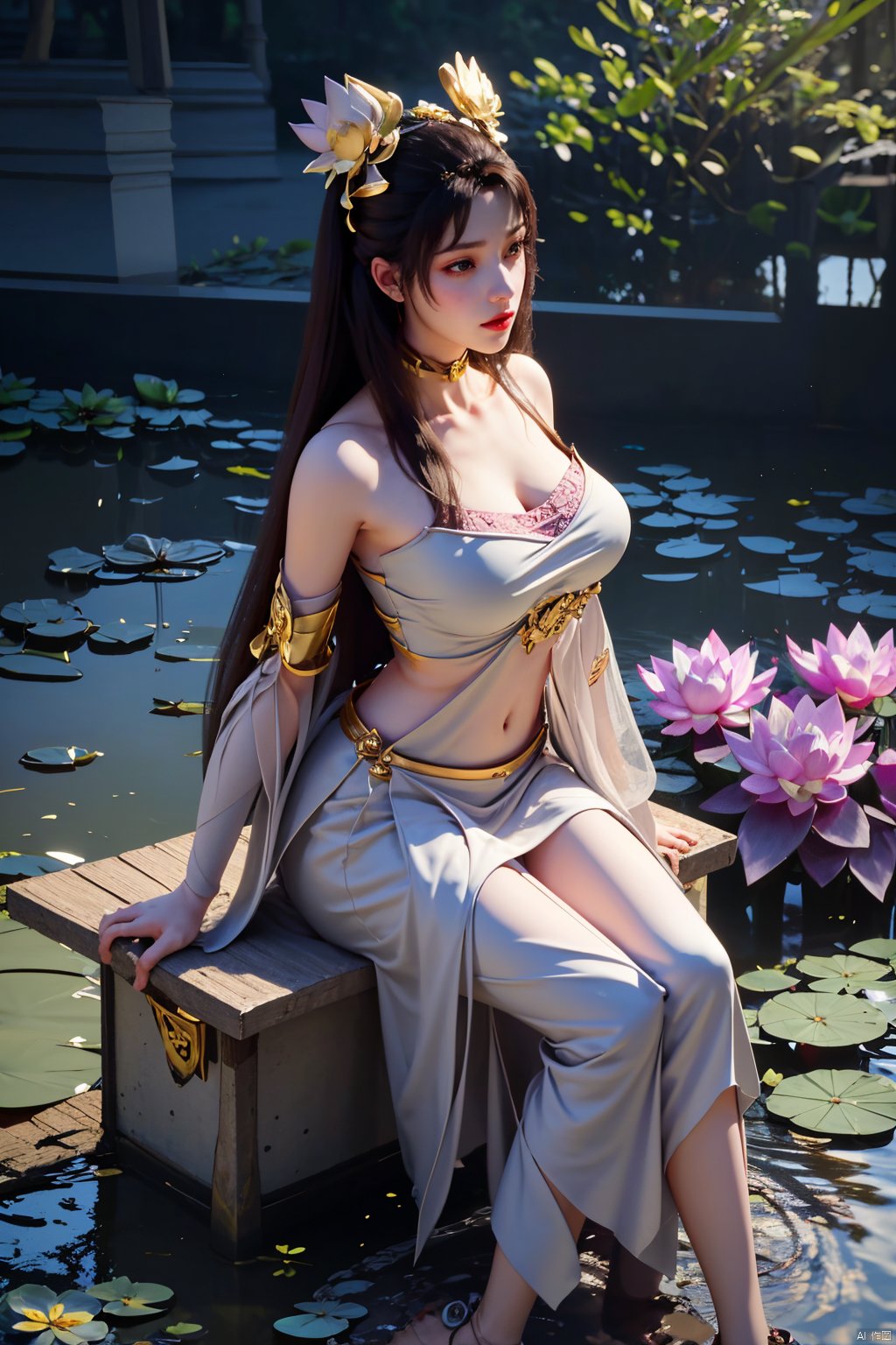 masterpiece,1girl,tall body,full  body,(Sitting on the grass by the river:1.56), (lotus pond full of lotus flowers:1.59), (big breasts:1.39),(Flowers:1.69), tianhu,