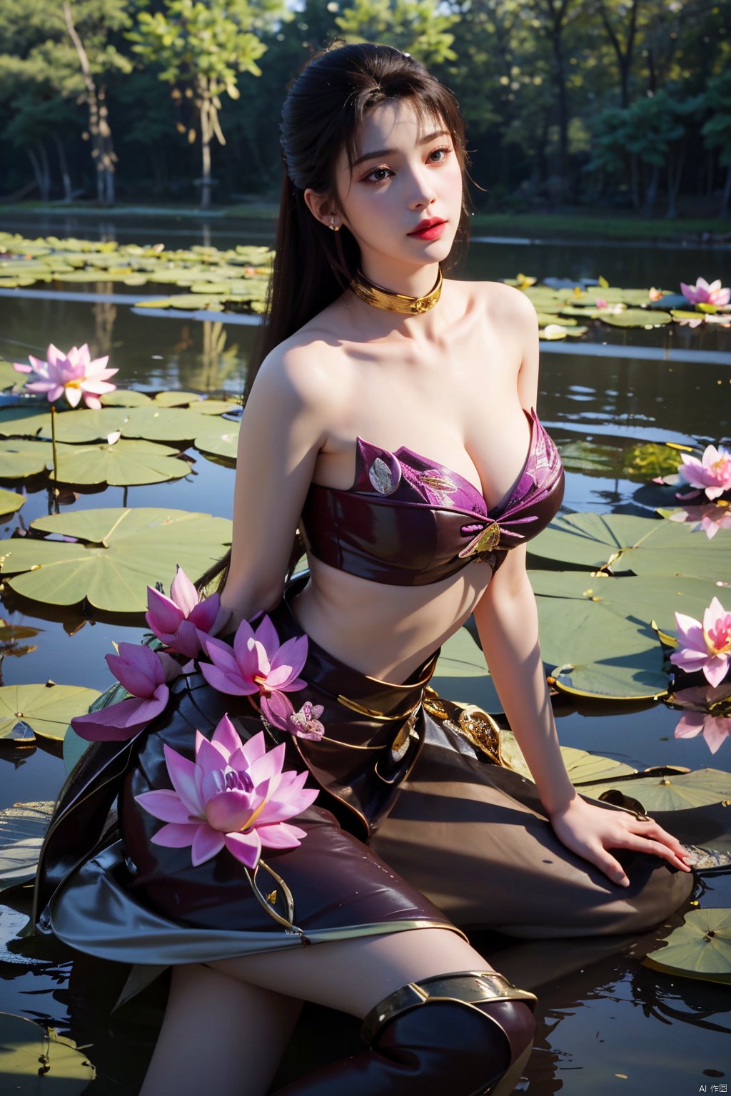 masterpiece,1girl,tall body,full  body,(Sitting on the grass by the river:1.56), (lotus pond full of lotus flowers:1.59), (big breasts:1.39),(Flowers:1.69), tianhu,