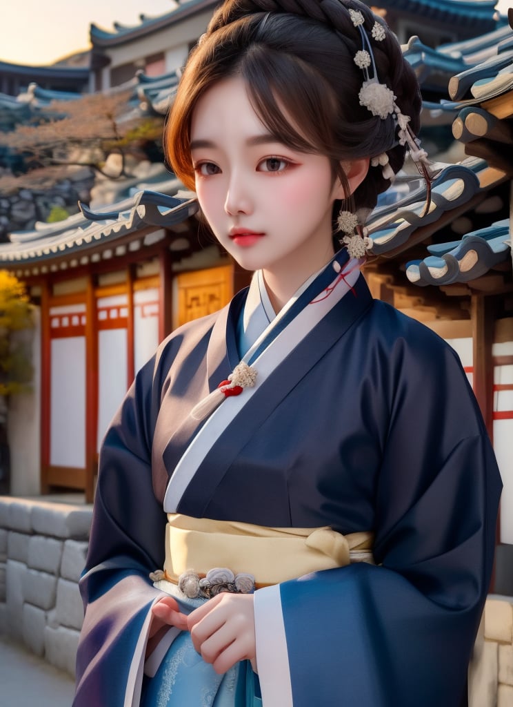 1 lady with beautiful face, wearing hanbok, elegant posture, standing in traditional korea village, real world, slate road, traditional architecture, trees, dusk, shado,  (solo:1.2), (upper body), masterpieces, best quality, high resolution, (bright scene:1.3), soft color, dark background, blurred background 