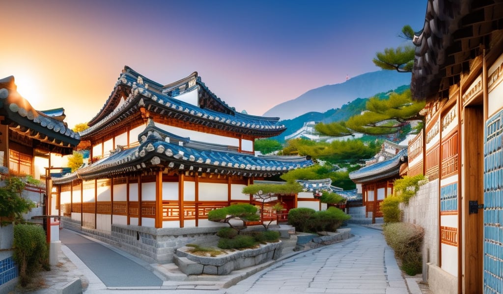 Traditional korea village, real world, stone road, blue roof tiles, traditional architecture, trees, dusk, sunset glory, slating shadow, landscape, no human, masterpieces, best quality, high resolution, bright scene, soft color, dark background, blurred background 