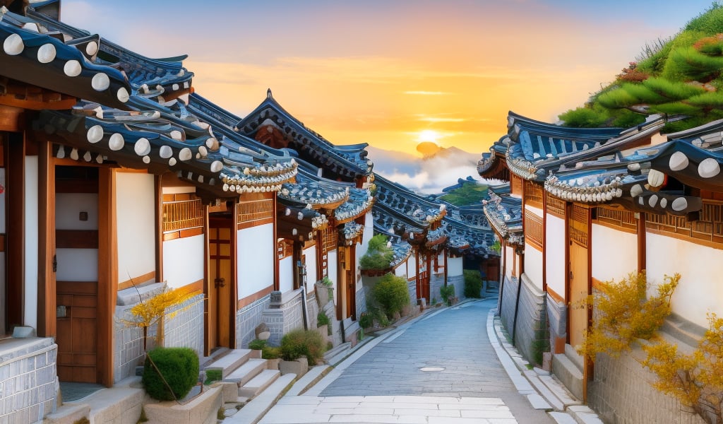 Traditional korea village, real world, stone road, blue roof tiles, traditional architecture, trees, mist, sunset glory, slating shadow, wide angle, no human, masterpieces, best quality, high resolution, bright scene, soft color, dark background, blurred background 