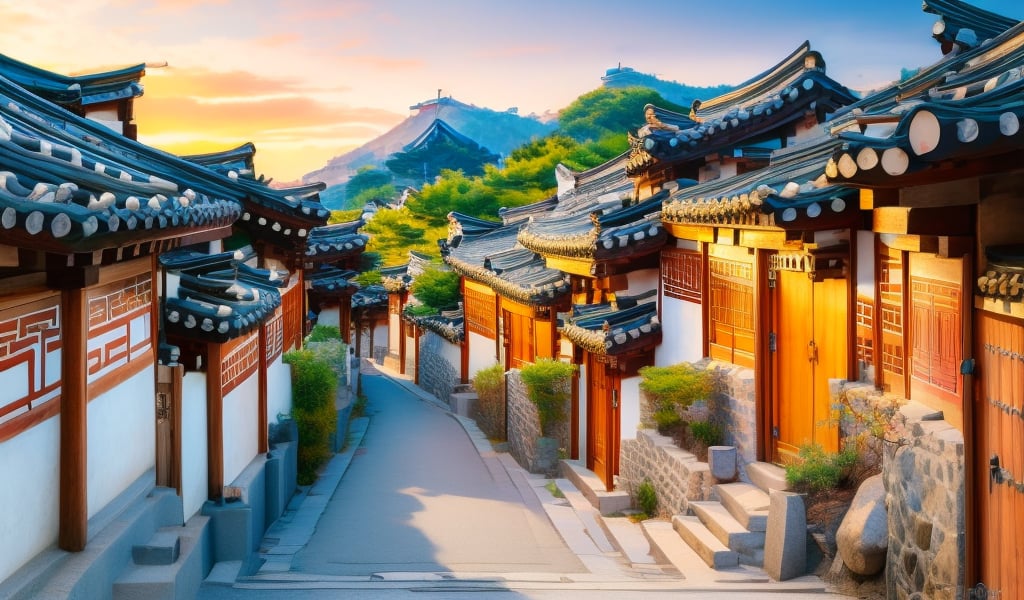 Traditional korea village, real world, (slate road), blue roof tiles, traditional architecture, trees, dusk, sunset glory, slating shadow,  no human, masterpieces, best quality, high resolution, (bright scene:1.3), soft color, dark background, blurred background 