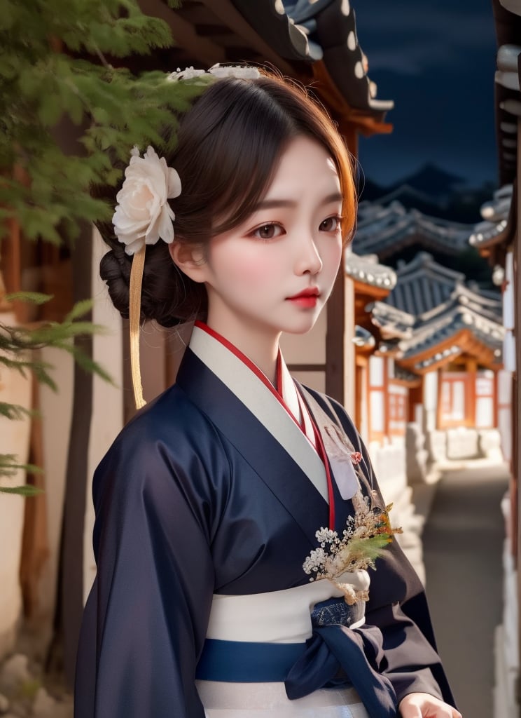 1 lady with beautiful face, wearing hanbok, elegant posture, standing in traditional korea village, real world, slate road, traditional architecture, trees, dusk, shado,  (solo:1.2), (upper body), masterpieces, best quality, high resolution, (bright scene:1.3), soft color, dark background, blurred background 