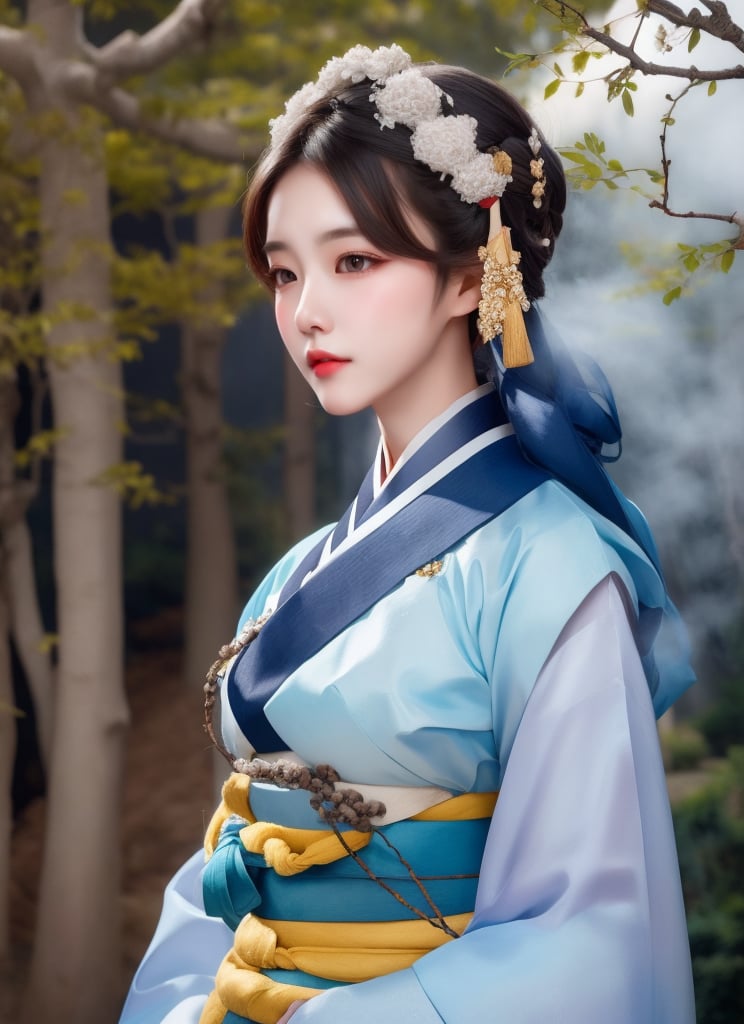 1 lady with beautiful face, wearing hanbok, elegant posture, standing in traditional korea village, stone road, traditional architecture, trees, (mist), slating shado, (solo:1.2), (upper body), masterpieces, best quality, high resolution, (bright scene:1.3), soft color, dark background, blurred background 