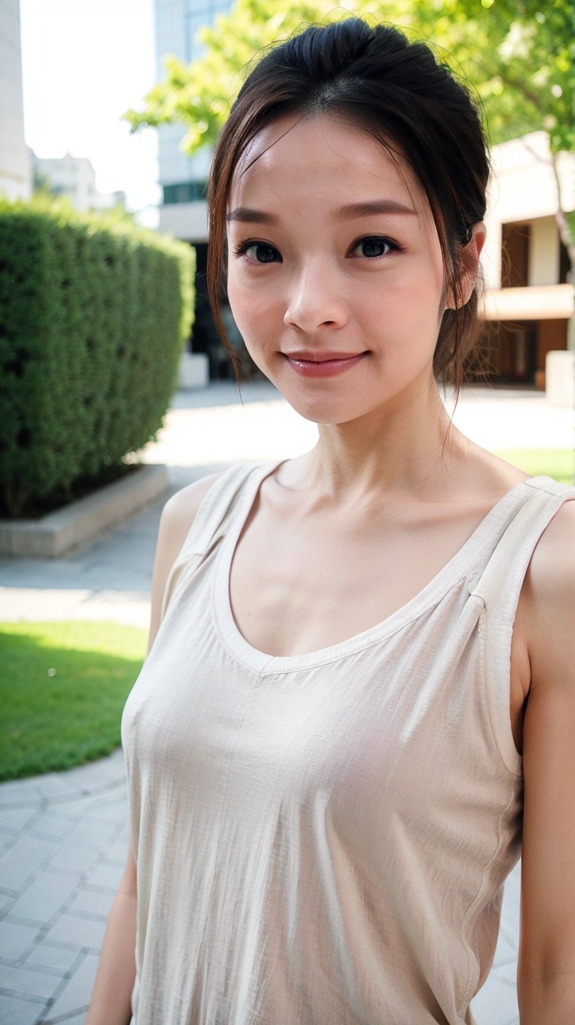 (Raw photo, real photo), upper body, thin, flat chest, linen blouse, bokeh, romantic, outdoor