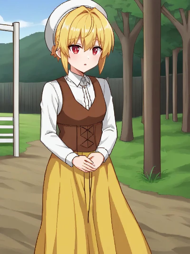 <lora:viopriserenapony:1>,1girl, solo, serenavp, blonde hair, short hair, bangs, white headwear, red eyes, white shirt, long sleeves, brown vest, corset, brown skirt, yellow skirt, long skirt, outdoors, farm, parted lips, standing, 