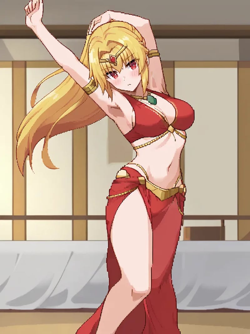 <lora:viopriserenapony:1>,1girl, solo, serenavp, blonde hair, long hair, hair down, red eyes,red bikini, sarong, circlet, belly dancer outfit, indoors, standing, dancing, dynamic pose, audience