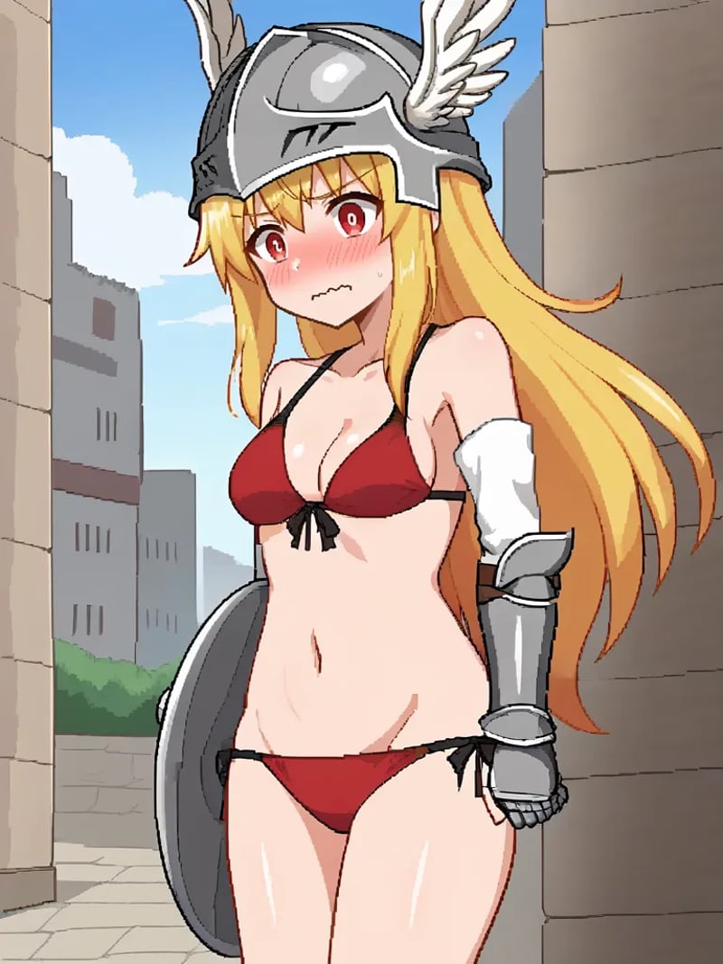 <lora:viopriserenapony:1>,1girl, solo, serenavp, blonde hair, long hair, hair down, red eyes,red bikini, navel, helmet, helm,holding ,shield, elbow gloves, arm guards, outdoors, medieval city, fantasy city, blush, embarassed, wavy mouth, cowboy shot, standing