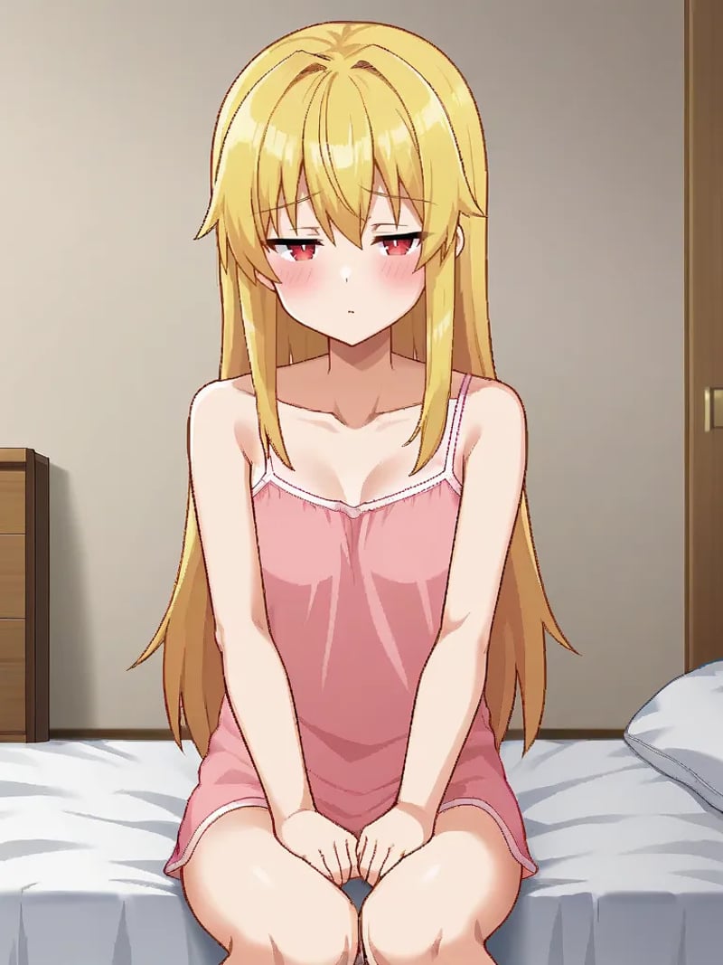 <lora:viopriserenapony:1>,1girl, solo, serenavp, blonde hair, long hair, hair down, red eyes, pink camisole, sleeveless, indoors, sitting, bed, half_closed eyes, indoors, inn